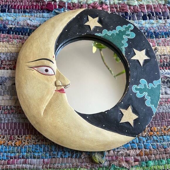 None Other - Vintage 90s 11.5" Handcarved Celestial Moon Stars Wall Mirror Indonesia Whimsy